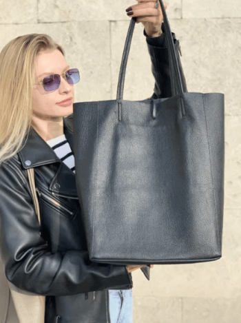 Кожаный женский шопер черная мягкая с кожи