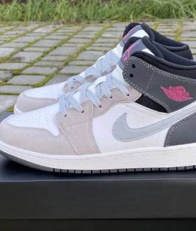 Кроссовки Nike Air Jordan 1 Mid GS White Grey Hyper Pink Джордан сірі