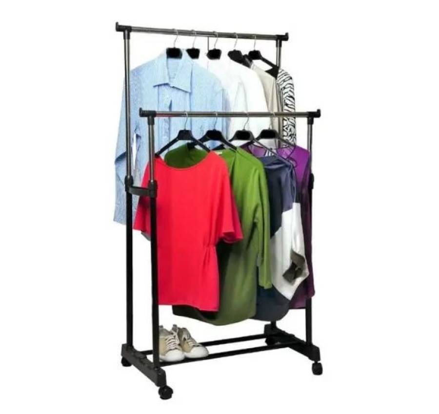 Стойка для одежды телескопическая Double Pole, с ПОЛКОЙ для обуви